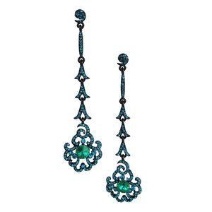 Black Plated Dangle Earrings Bejeweled with Blue and Green Gems
